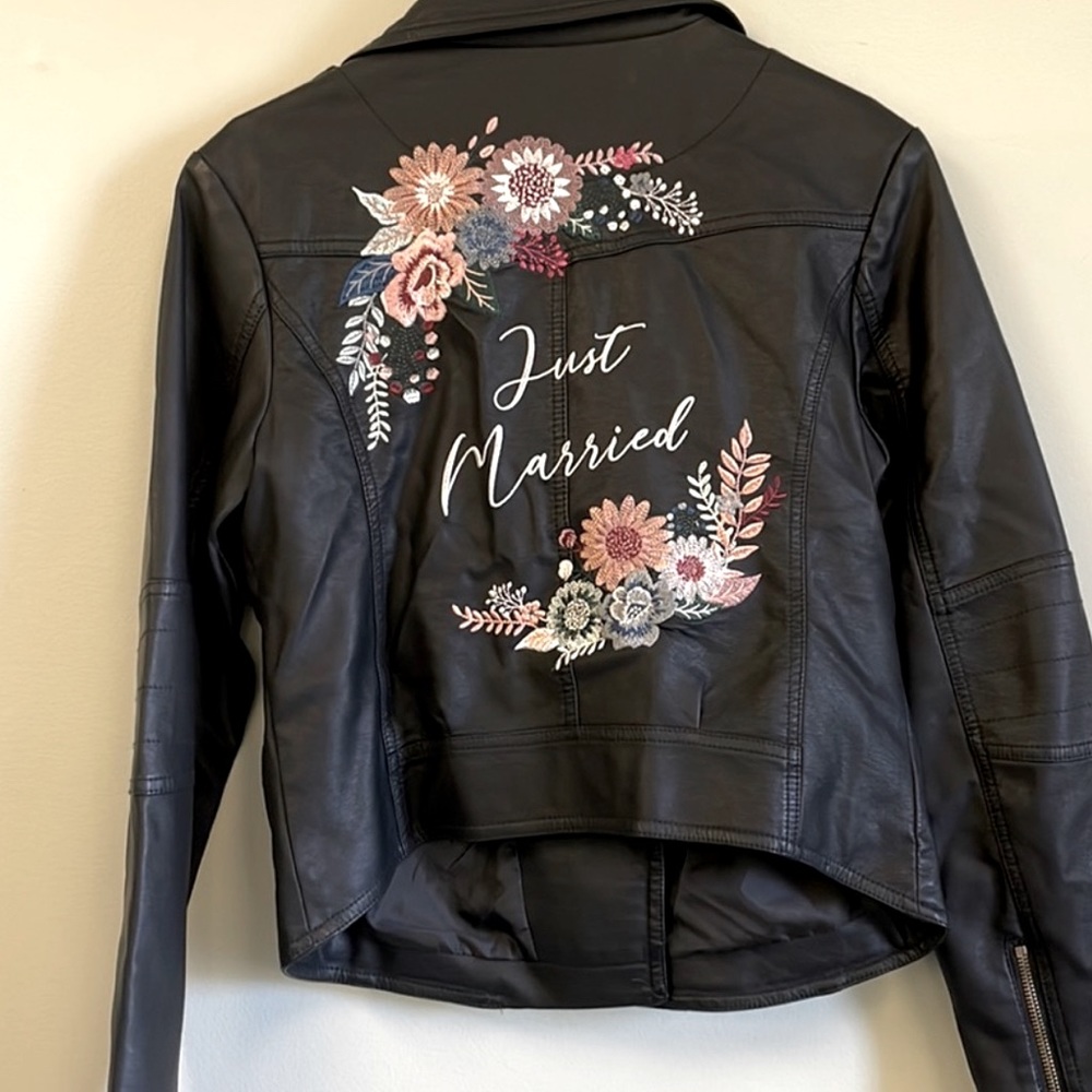 Vegan leather jacket with embroiled “Just Married” and flowers